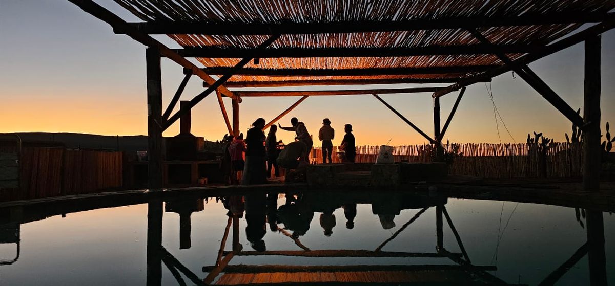 Pool area at sunset with guests